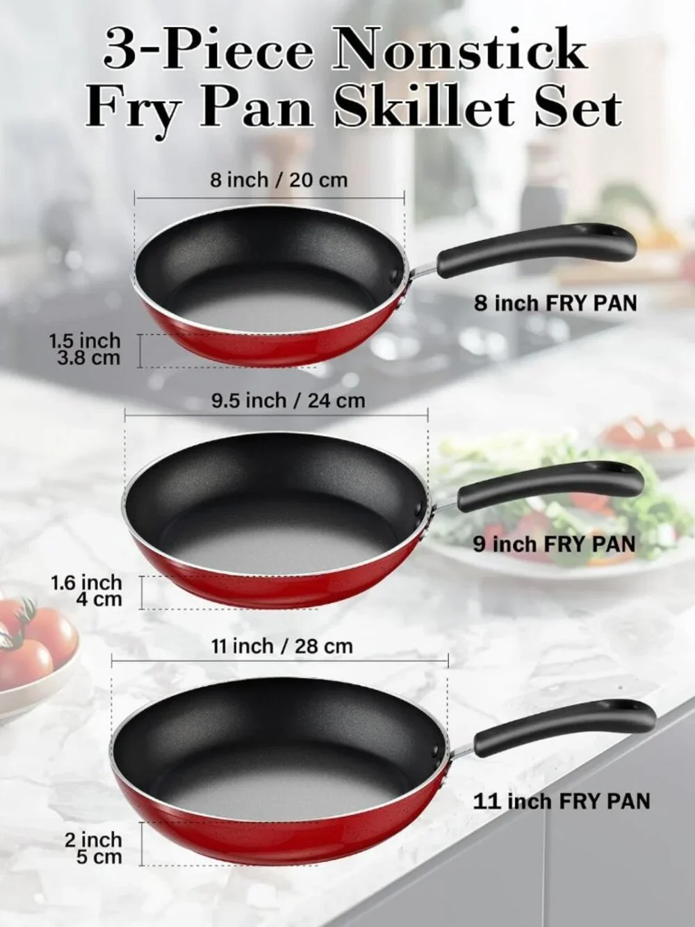 Nonstick Frying Pan Set - 8/9.5/11 Inch Skillets, Induction Compatible, 3-Piece
